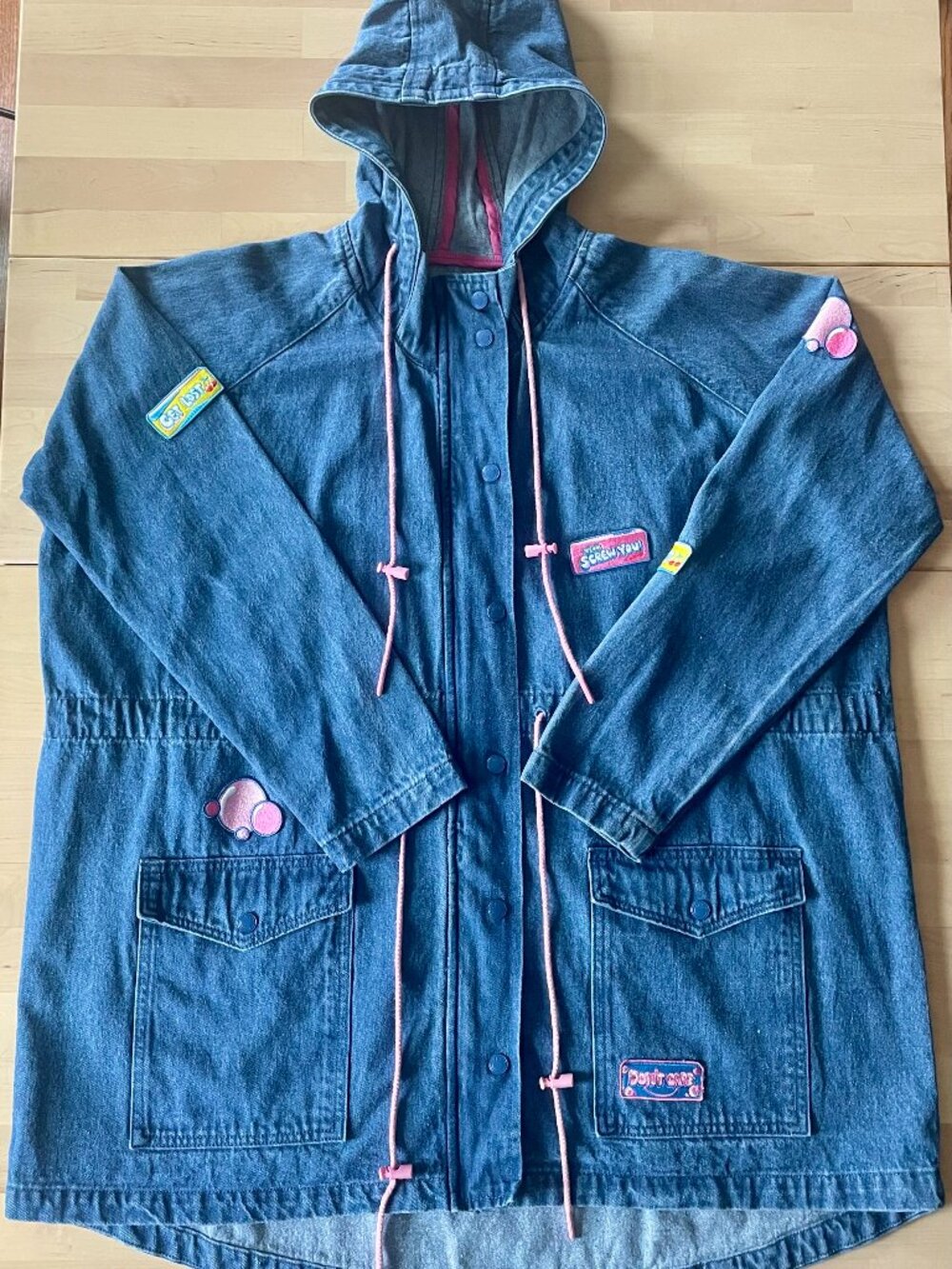 Lazy Oaf Women's Blue Denim Long Hooded Adjustable Jacket w/ Patches size Small